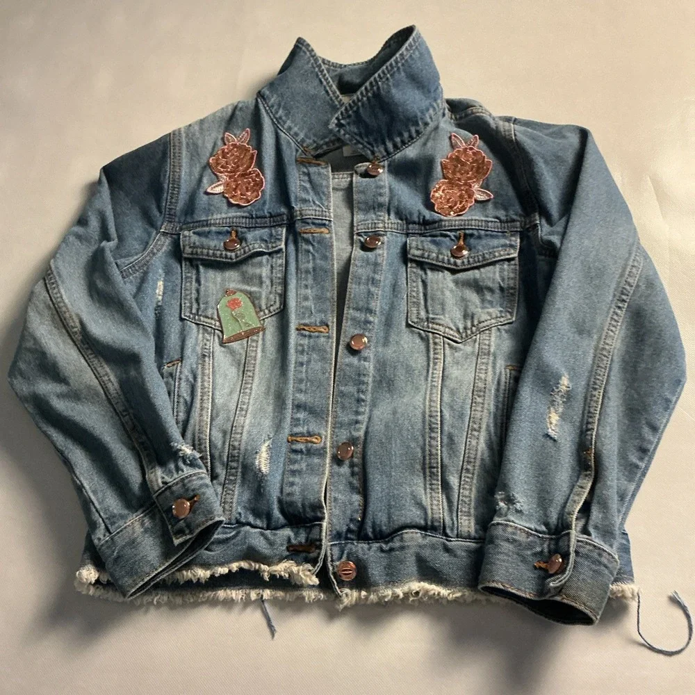 Disney Belle Beauty & The Beast Girls Distressed Denim Jacket 11-12 Sequins